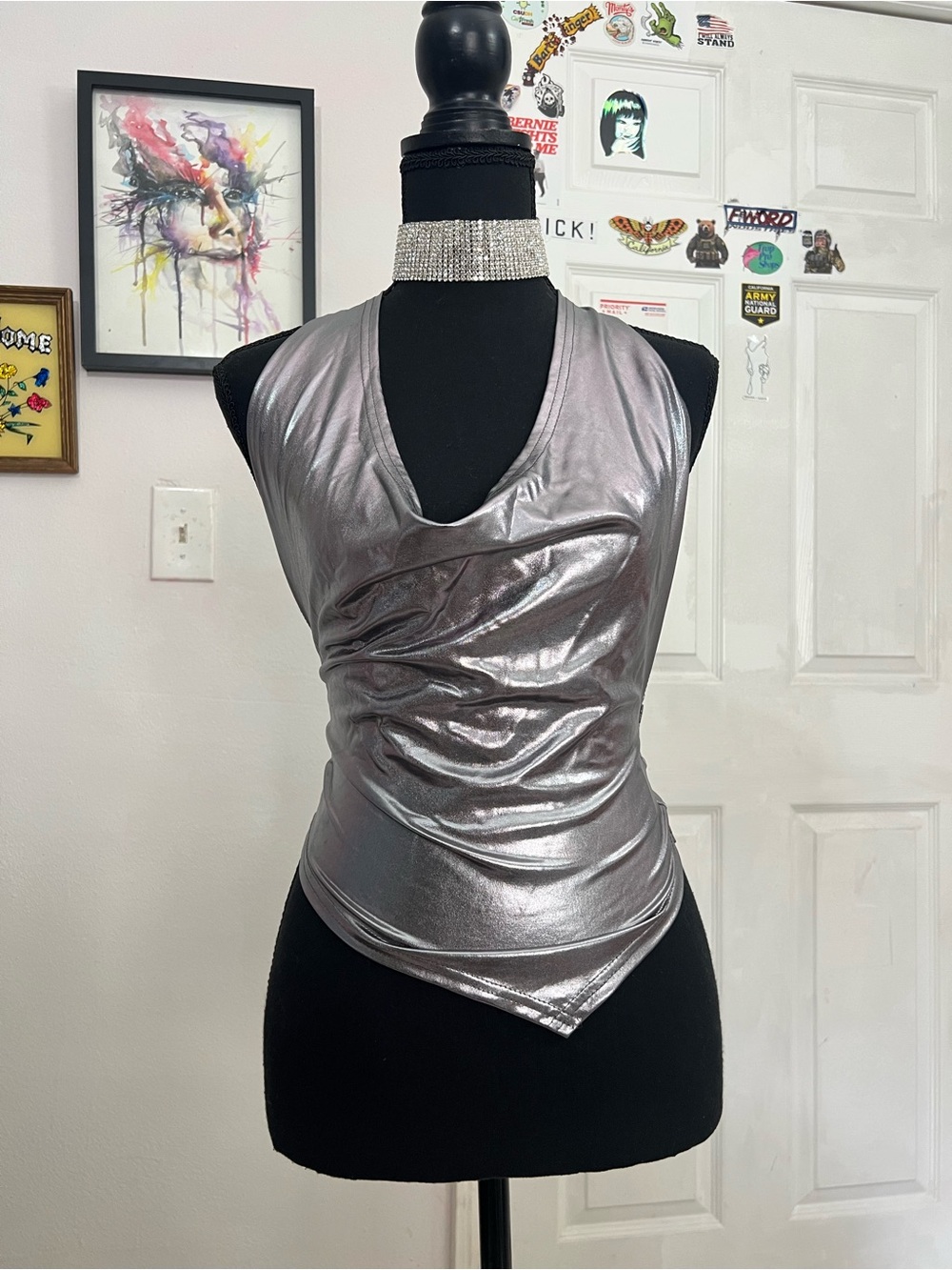 Silver Metallic Sleeveless Draped V-Neck Top